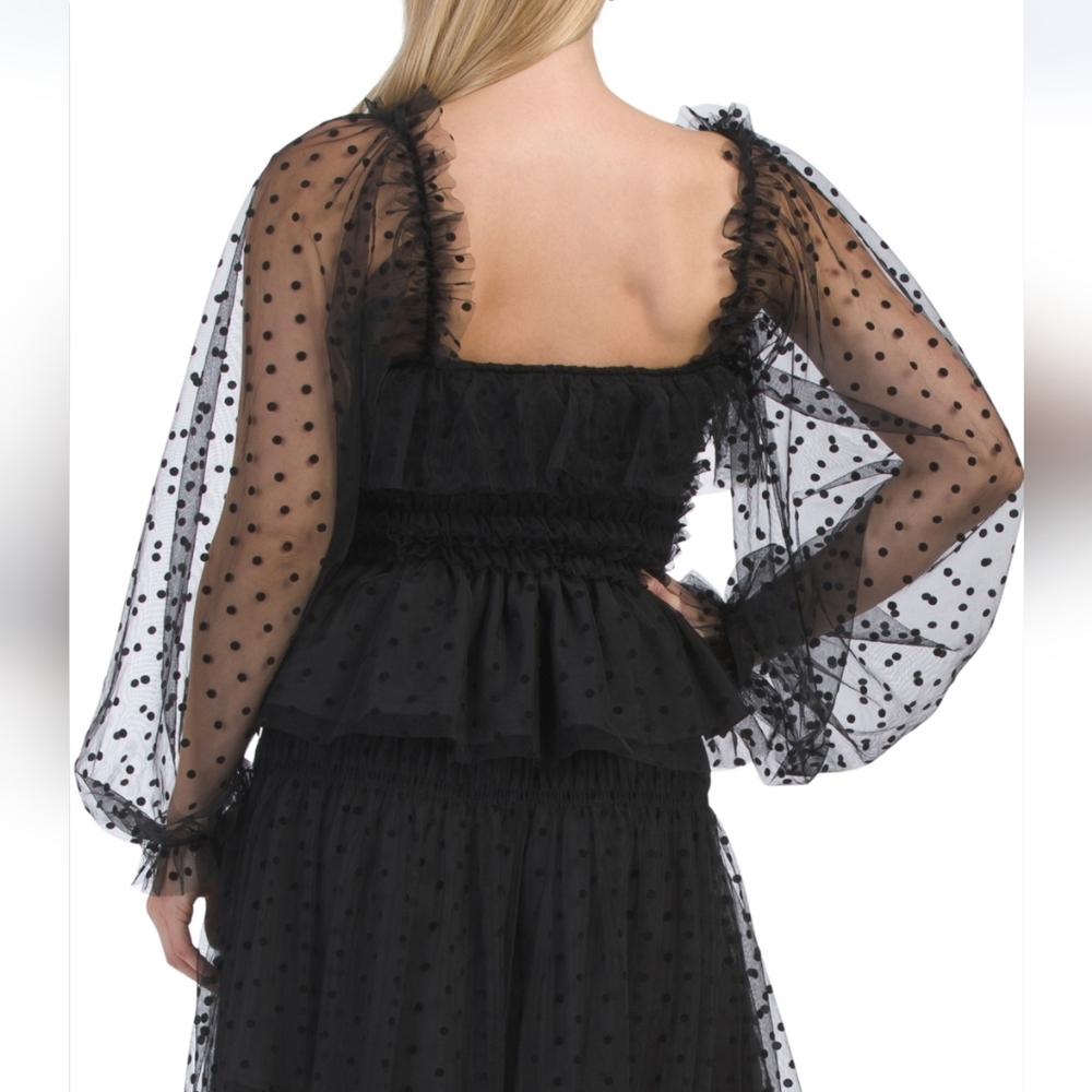 dRa Women's Black Long Sleeve Burnout Velvet Polka Dot Tiered Top - Picture 2 of 5